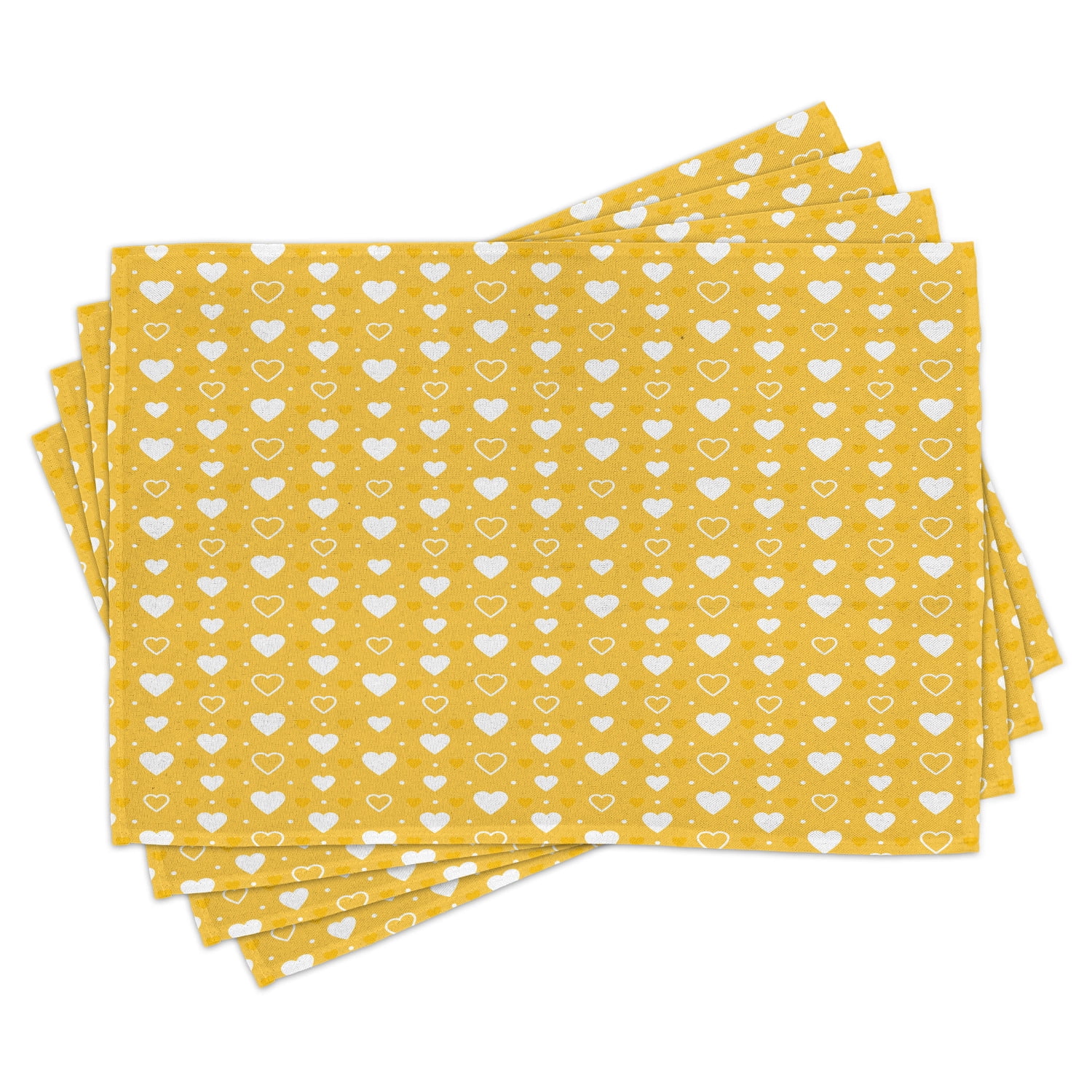 Yellow Placemats Set of 4 Full and Empty Heart Shapes with Little Dots