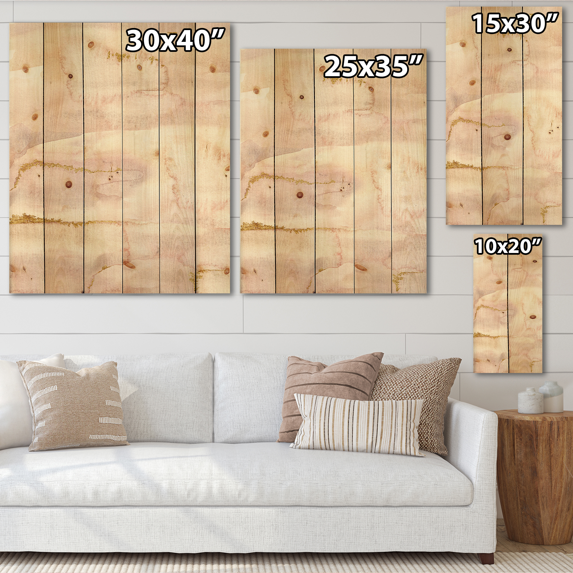 Designart 'Pastel Abstract With Beige Pink and Yelllow Spots' Modern Print on Natural Pine Wood