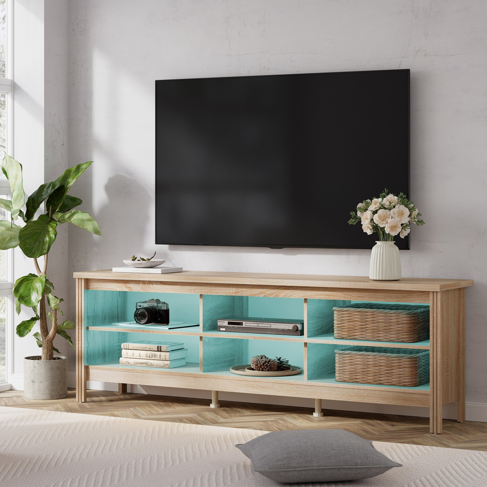 WAMPAT TV Stand for 55 inch TV, Entertainment Center Wood TV Media Console Table with 4 Storages & RGB LED Light for Living Room, Black