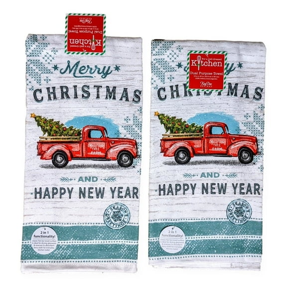 Set of 2 MERRY CHRISTMAS Vintage Truck Terry Kitchen Towels by Kay Dee Designs