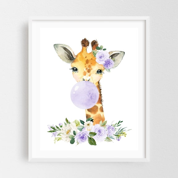 Giraffe, Jungle Animals, Safari Animals, Bubble Gum, Purple Flowers, Gender Neutral Nursery - Illustration Watercolor Animal Floral Whimsical White Framed Wall Art Print 16 x 20 inches