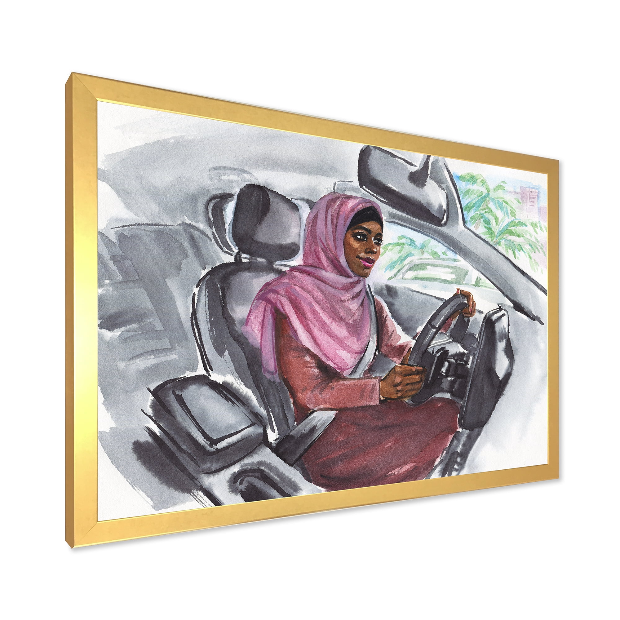 Designart 'Arabian Lady Driving A Car III' Modern Framed Art Print