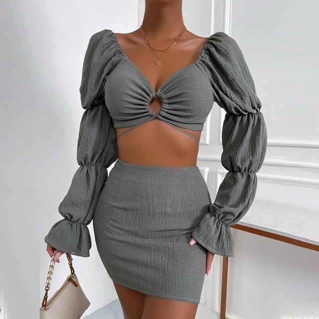Puntoco 2 piezas moda mujer cuello en V sólido hueco bandag blusa de manga larga + Mini vestido conjuntos liquidación Puntoco Puntoco-1263