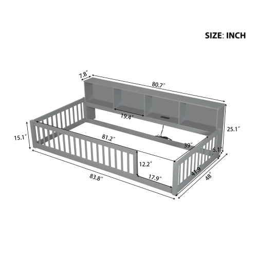 Bellemave Twin XL Size Floor Bed with Storage Cabinet Twin XL Wood Bed Frame with Headboard and Guardrails Twin XL Storage Bed Frame with Charging Station Low Floor Bed, Gray