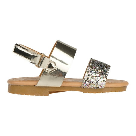 

bebe Leatherette Fashion Glitter Flat Sandals Light Gold (Toddler Girl s)