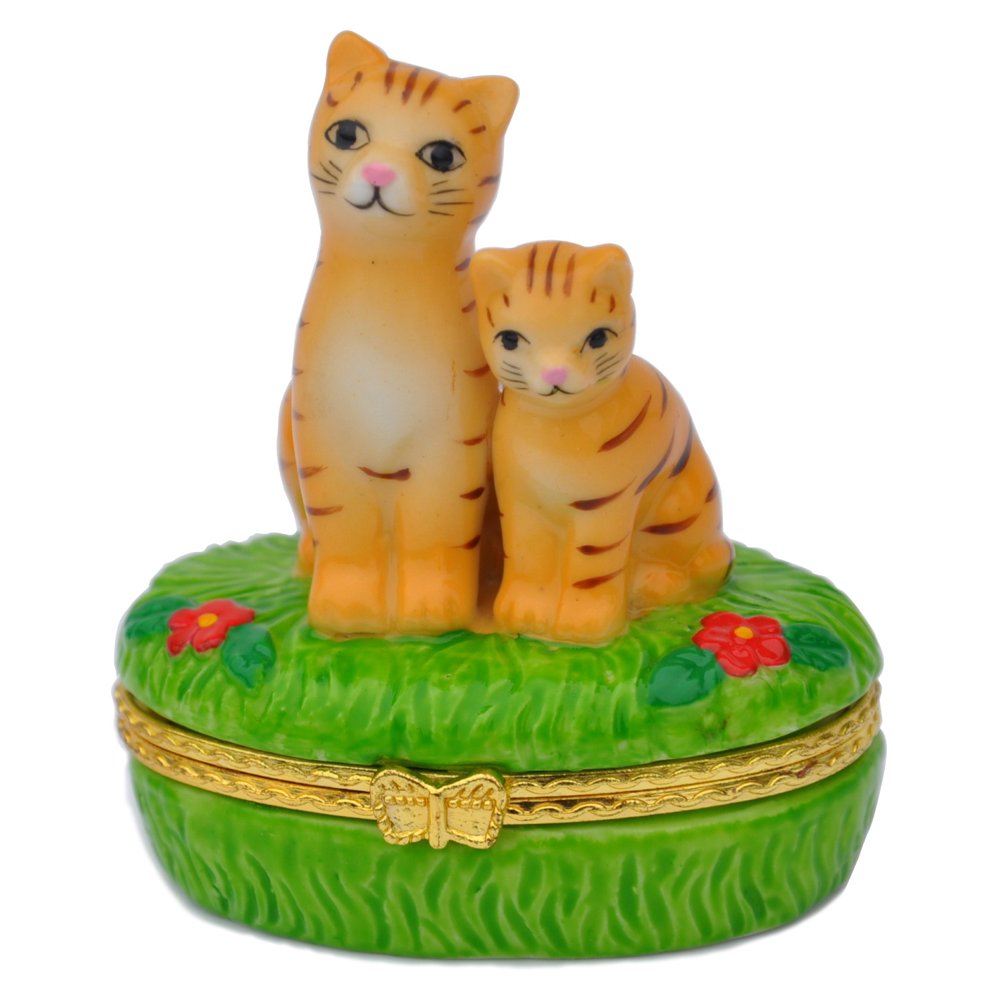Art Gifts Orange Kitty Cat and Kitten Porcelain Hinged Trinket Box