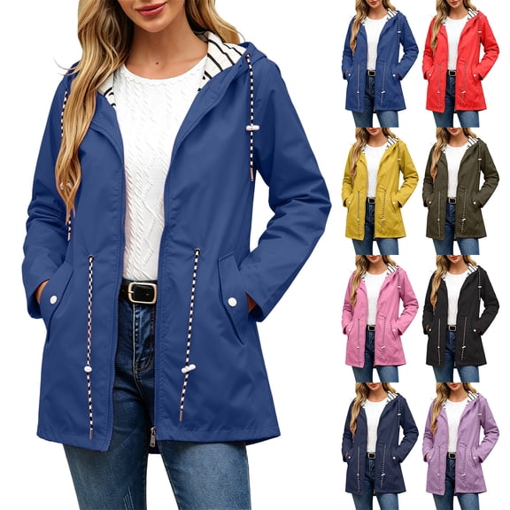 Womens Windbreaker Jacket Waterproof Hooded Plus Size Long Sleeve Solid Color Zip Up Casual Rain Jacket Outdoor Sport Raincoat with Pockets