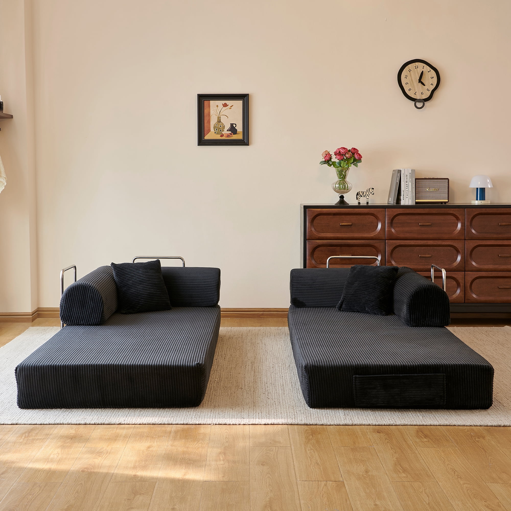 78.8" Compression Boneless Floor Sofa Bed, Convertible Couch with L-Shaped Armrests, Upholstered Modular Futon Sleeper Loveseat