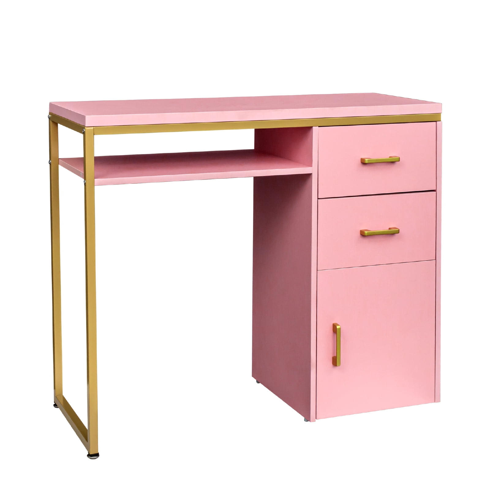 Ktaxon Salon Manicure Table Nail Desk for Nail Tech with Chipboard Top 2 Drawers Iron Frame, Pink