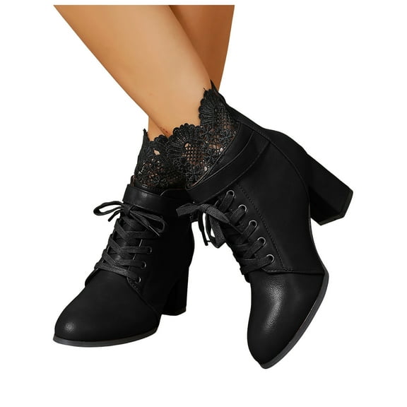 Rokment Lace High Heels Combat Boots for Women Ladies Winter Spring Vintage Leather Buckles Pointed Toe Dress Pumps Ankle Booties Black Size 6