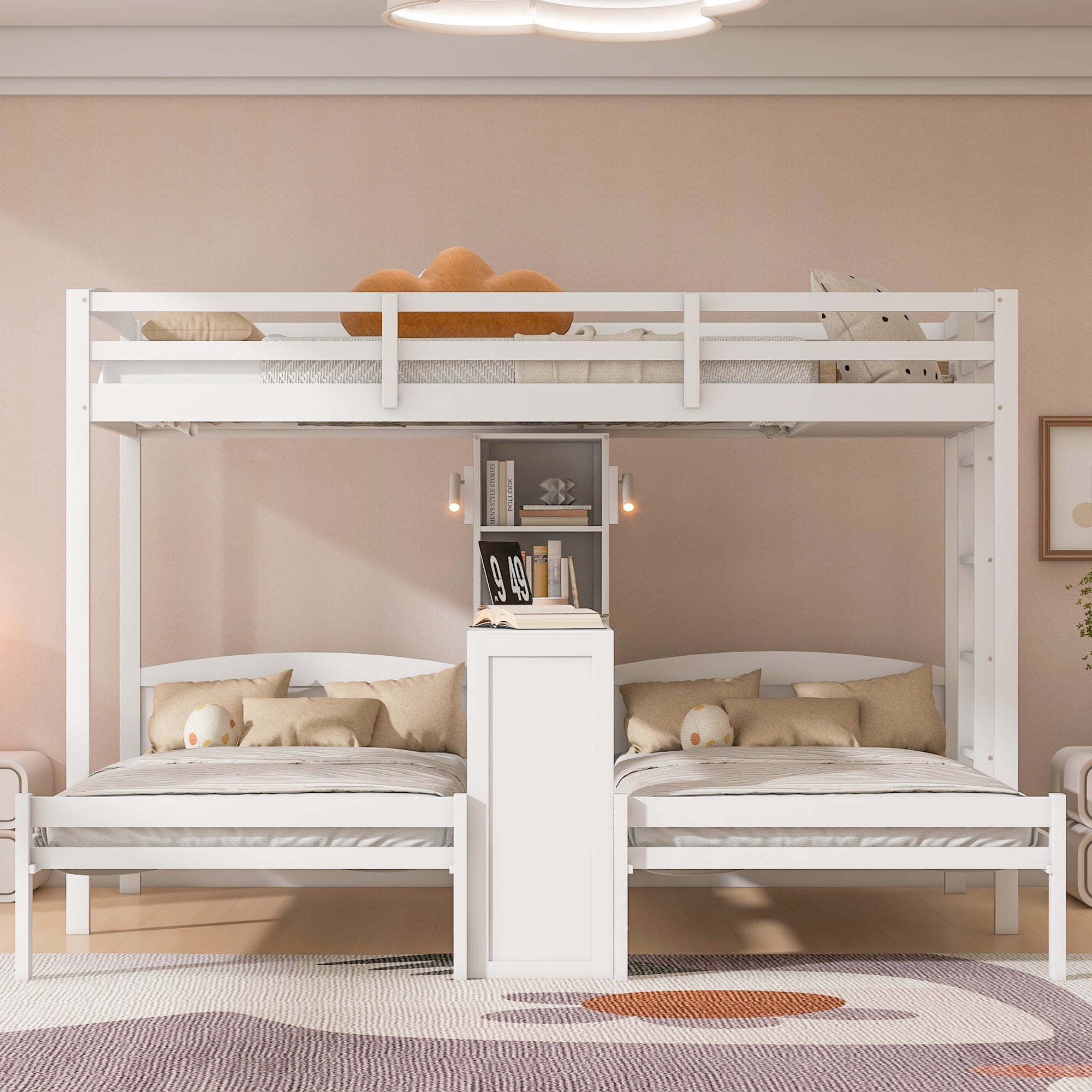 Mintazer Twin over Twin over Twin Bunk Bed with Desk, Bunk Bed with Reading Lamp and Storage Shelves, White