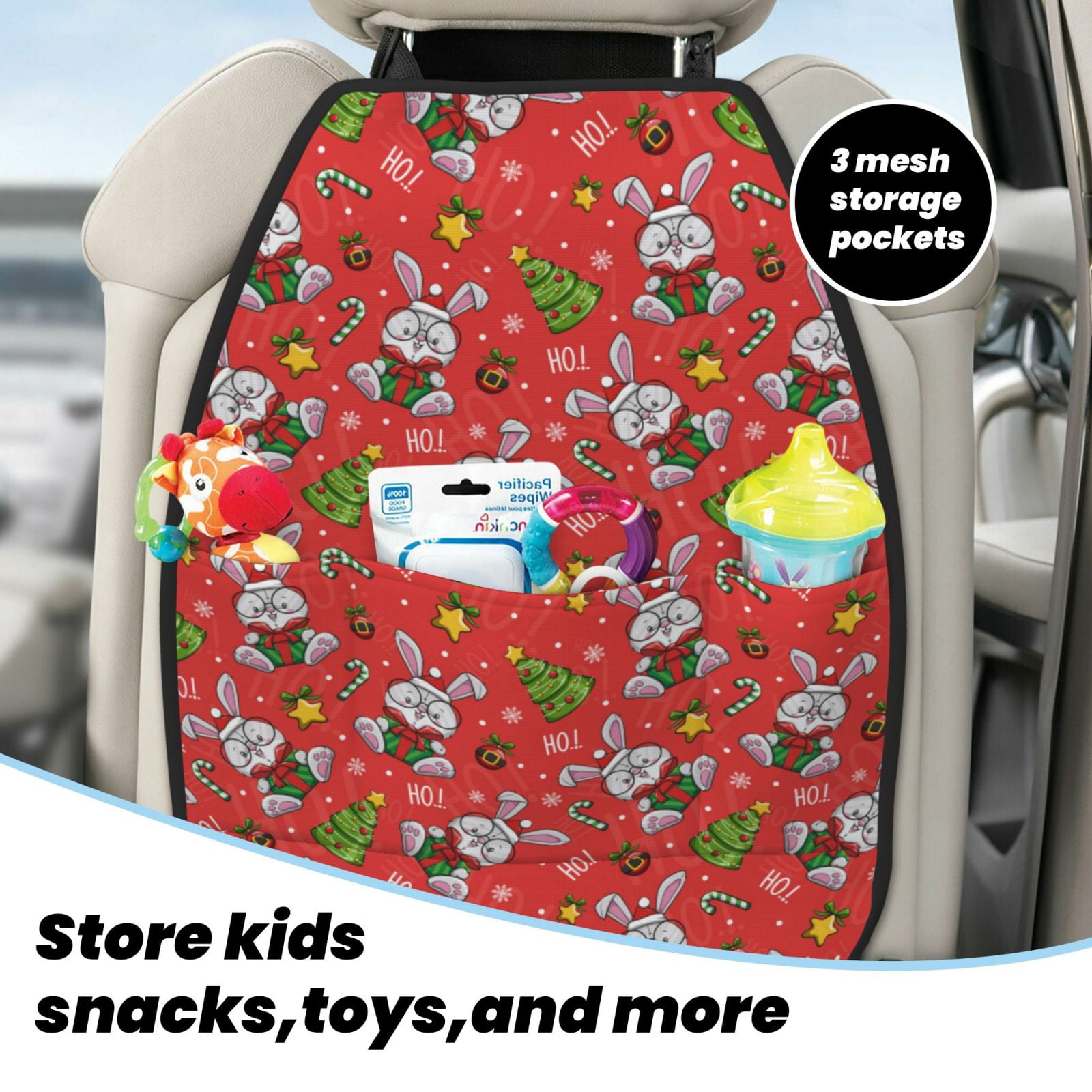 Kdxio Cute Christmas Bunny Print 2 Pack Car Kick Mat Seat Cover Back Protector Mat with Pockets for Organizer Backseat Protector and Storage Anti Kick Pad for Vehicles