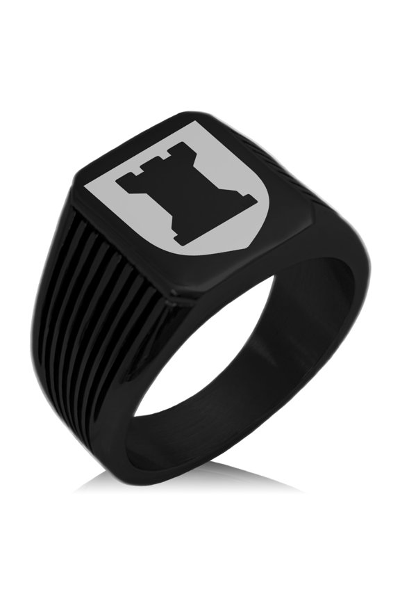 Stainless Steel Rook Strategy Coat of Arms Shield Needle Stripe Pattern Biker Style Polished Ring