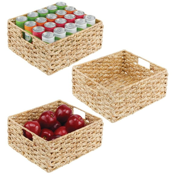 mDesign Hyacinth Braided Woven Pantry Bin Basket, Handles, 3 Pack, Natural/Tan