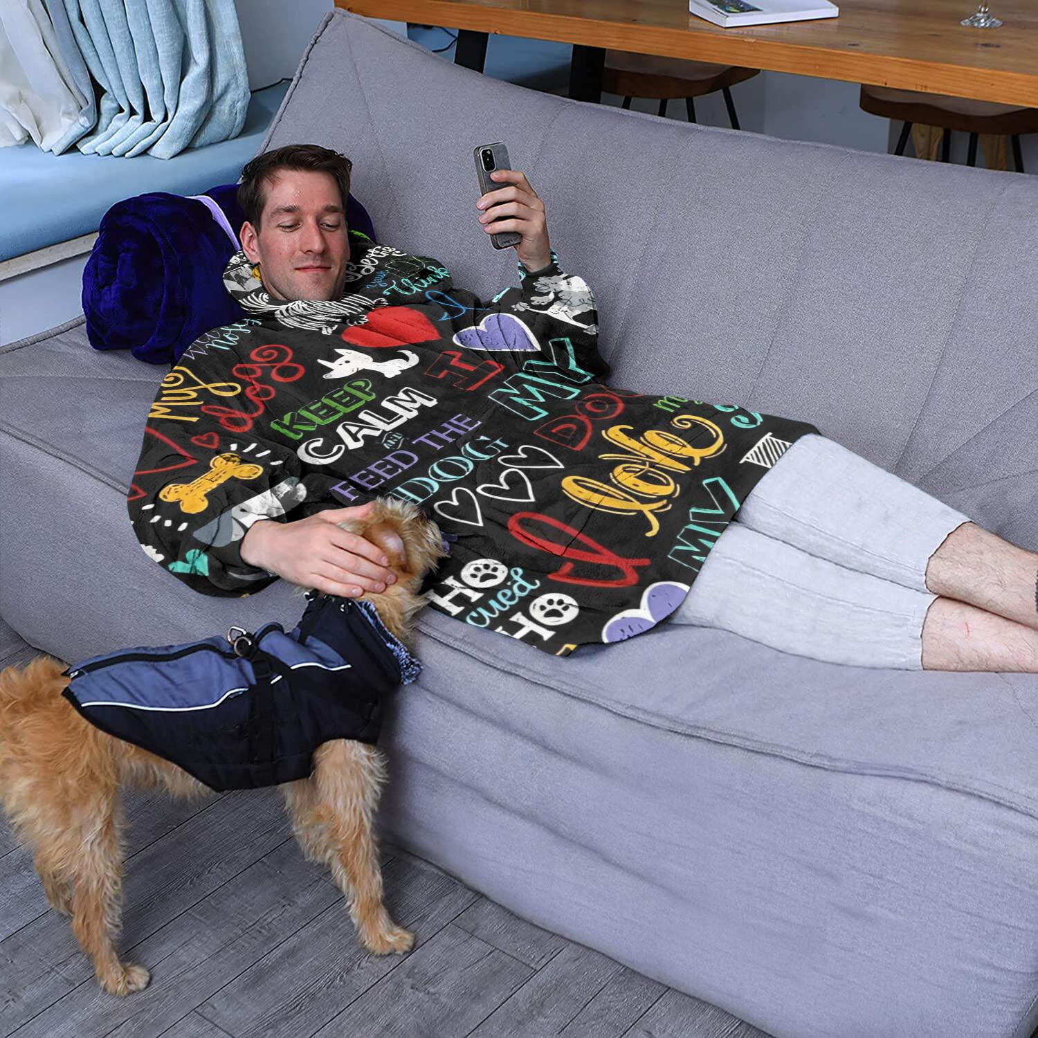 I Love My Dogs Art Wearable Oversized Blanket,Wearable Blanket Hoodie for Adults,Cozy Hooded Blankets with Super Pockets,Super Warm Fuzzy Pullover for Women & Men