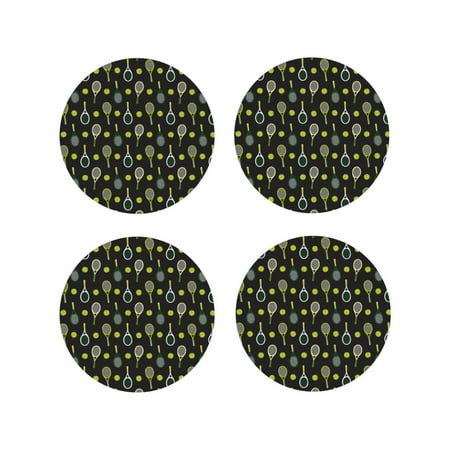 

KLL Drink Coasters Set Round Shape of 4 PU Leather Absorbent Coasters Set Decorative Coffee Cup Coasters Housewarming Gift for Home Decor-Tennis Rackets