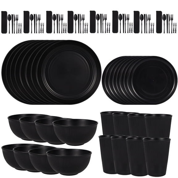 Zmleve Straw Cutlery Set, Unbreakable Plastic Plate and Bowl Set, Dishwasher and Microwave Safe, Black, Serves8
