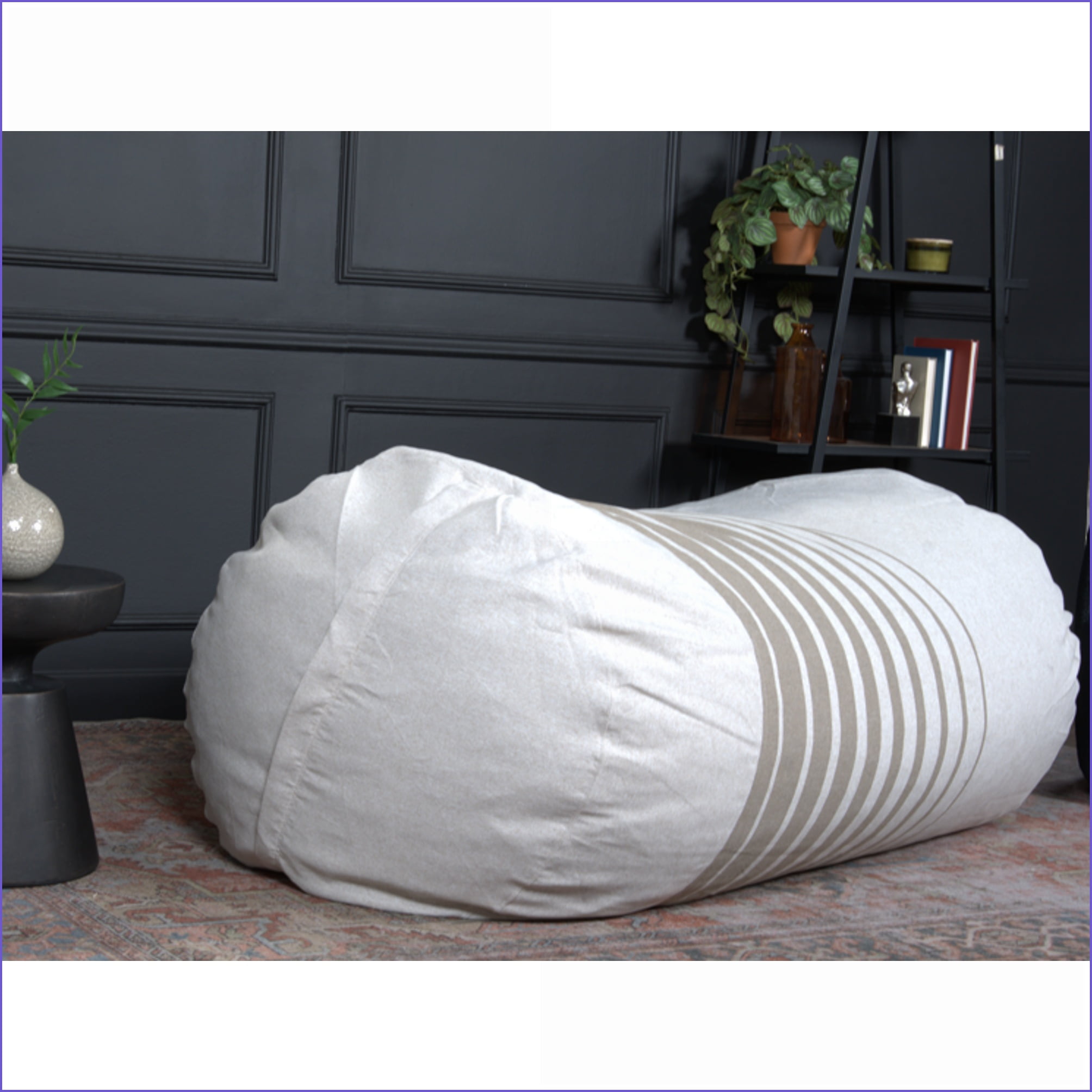 6.5ft Cylindrical Bean Bag Chair for Adults – Natural with Light Brown Stripes | Elongated | Fabric