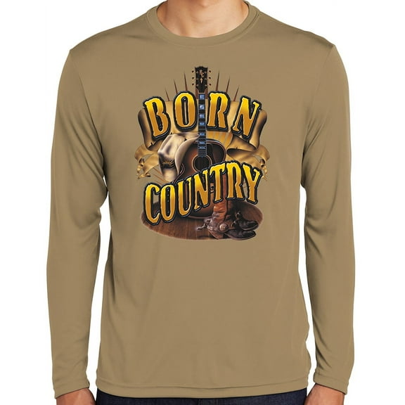 Mens Born Country Guitar & Boots Moisture-Wicking Long Sleeve T-shirt, Extra-Small Coyote Brown