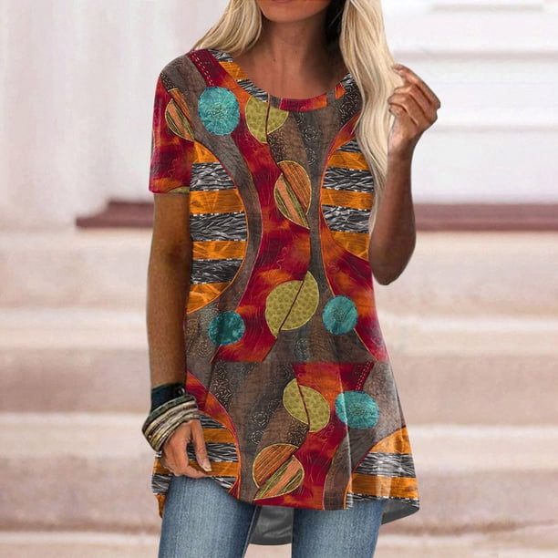 Pntutb Camiseta de manga corta con estampado étnico vintage de cuello redondo casual para mujer Pntutb Pntutb-8382