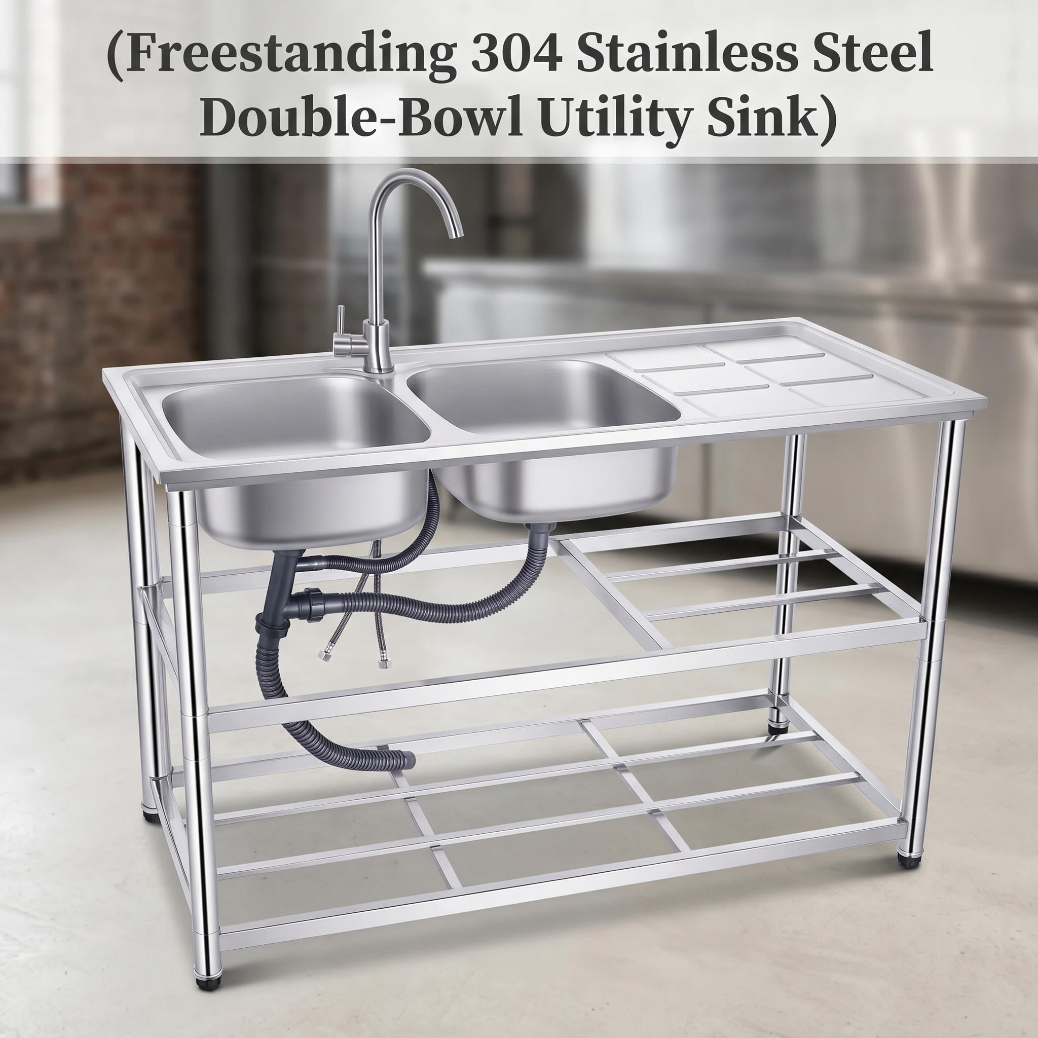 304 Stainless Steel Freestanding Utility Sink, Workbench Tub Sink with Open Storage Area, Perfect for Kitchen Bar Restaurant Garage Patio Garden