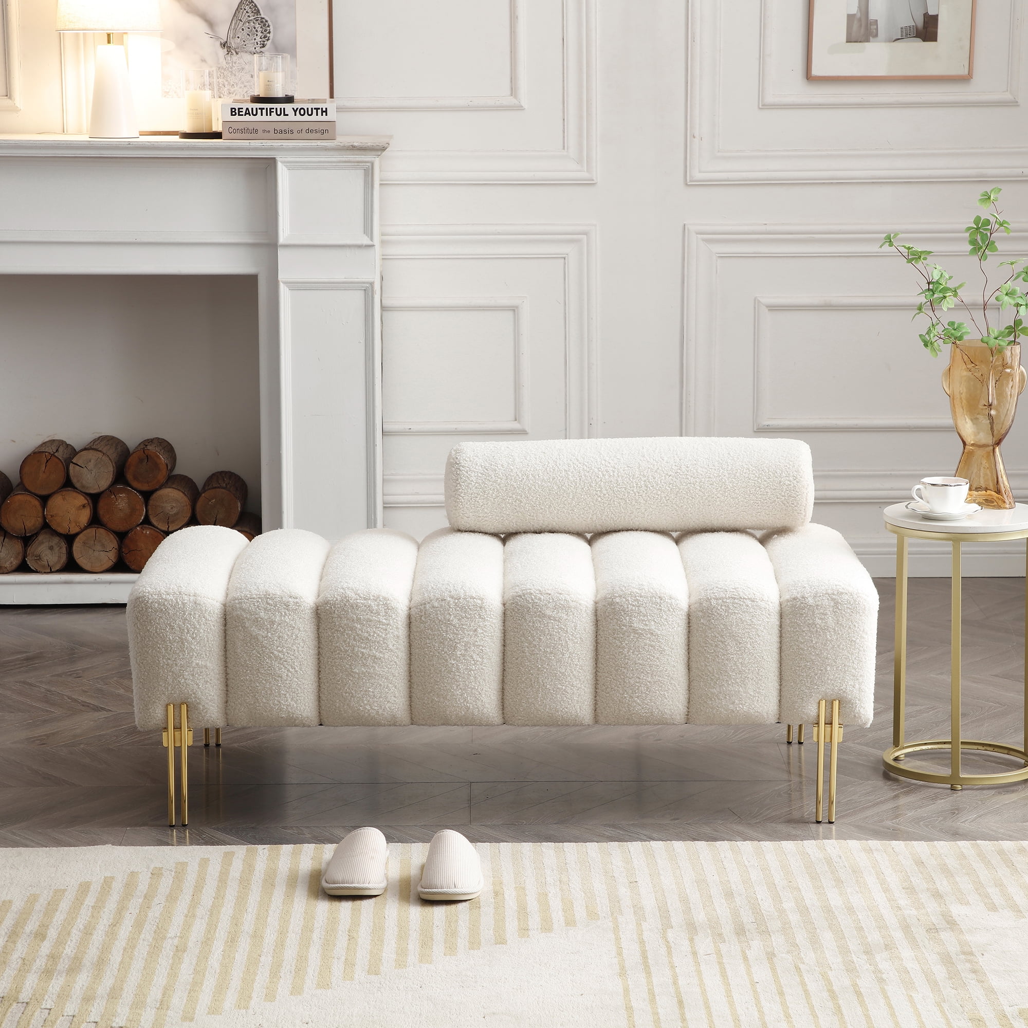 Miniyam Sherpa Upholstered Indoor Bench, White