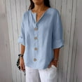 thumbnail image 2 of BangWanChi Women's New Solid Color V-Neck Three Quarter Sleeve Shirts Loose Cotton And Linen Top With Decorative Buttons, 2 of 6