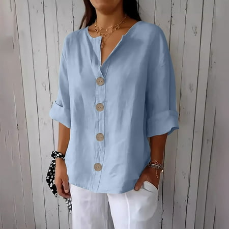 Clearance under 10$ Sevevn Women's New Solid Color V-neck Three Quarter Sleeve 3/4 Loose Cotton And Linen Top With Decorative Buttons Summer Deals Light Blue XXL