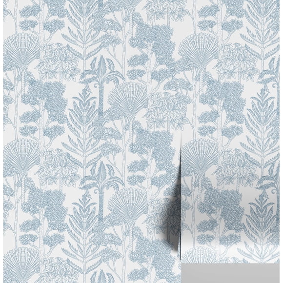 S4Sassy Self-Stick Decorative Wallpaper, Hand-Sketched Tropical Trees Wall Paper, Textured Vinyl Waterproof Contact Paper, Blue, 25"x360" Removable Renter Friendly Wall Covering For Bedroom, Dining