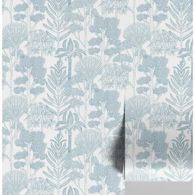 S4Sassy Self-Stick Decorative Wallpaper, Hand-Sketched Tropical Trees Wall Paper, Textured Vinyl Waterproof Contact Paper, Blue, 25"x360" Removable Renter Friendly Wall Covering For Bedroom, Dining