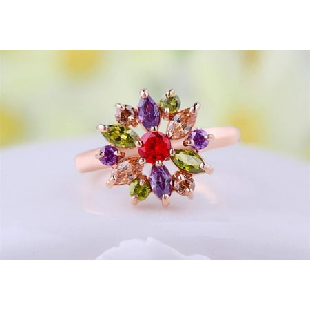 - 18K Rose Gold Multi Color Swarovski Crystal Flower Ring
