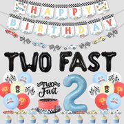 Vintage Two Fast Birthday Decorations, Retro Race Car Birthday Decorations for Boys - Pastel Colors Happy Birthday Banner, Cake Topper, Balloons, Let's Go Racing 2nd Birthday Party Supplies