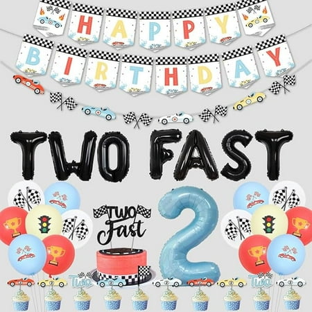 Vintage Two Fast Birthday Decorations, Retro Race Car Birthday Decorations for Boys - Pastel Colors Happy Birthday Banner, Cake Topper, Balloons, Let's Go Racing 2nd Birthday Party Supplies