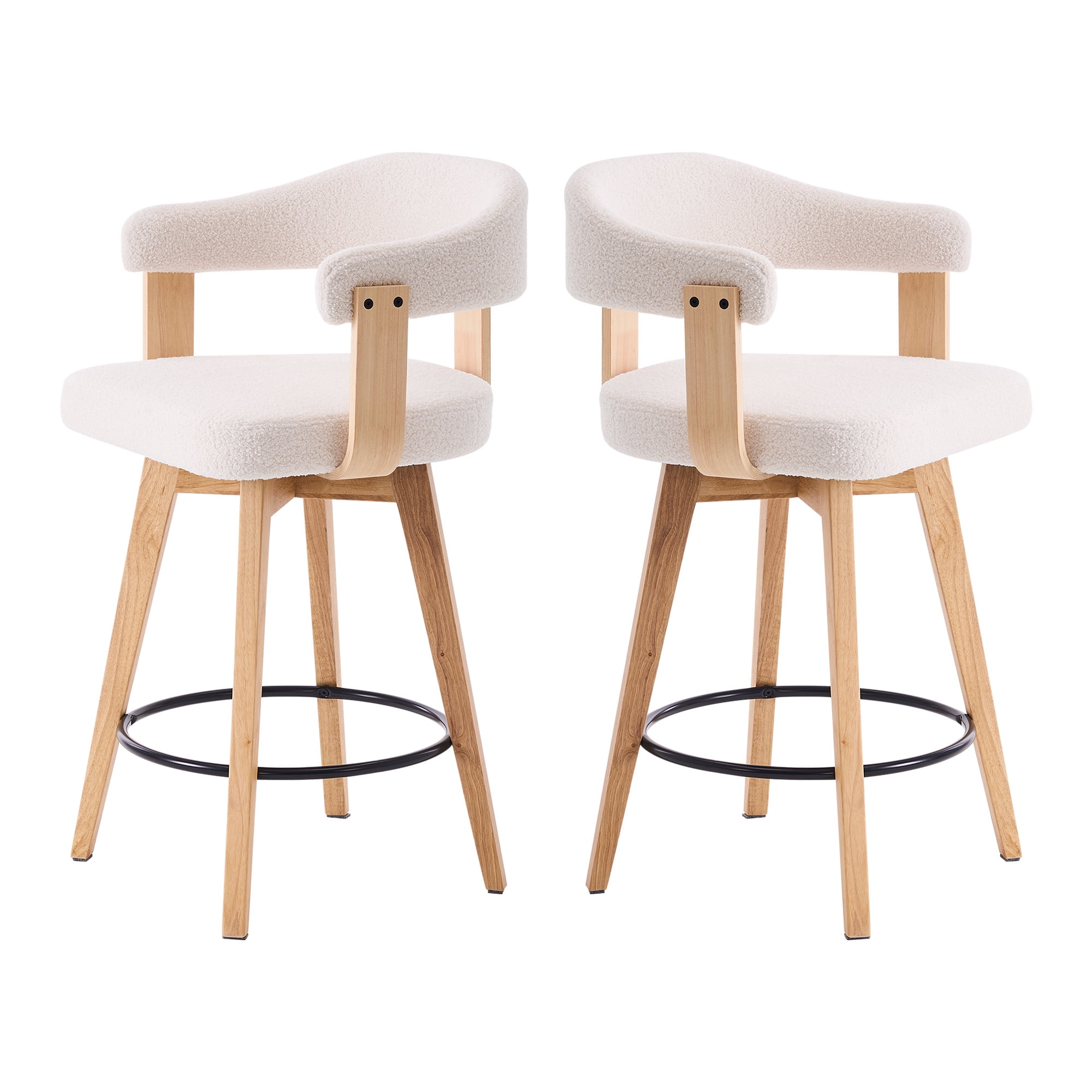EYYTHUNG Swivel Boucle Barstool Set of 2, Mid Century Modern Dining Chairs with Arms and Wood Legs, Upholstered Kitchen Chairs, White and Natural Oak