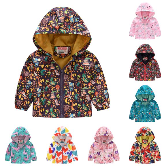 Glisme Boy Fall Coats Casual Jackets Printing Cartoon Hooded Outerwear Zipper Long Sleeve Windproof Toddler Clothes 4-5 Years Brown