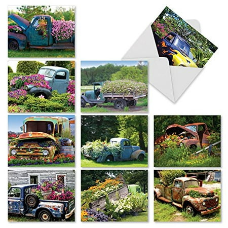 'M2372OCB PETALS TO THE METAL' 10 Assorted All Occasions Note Cards Featuring Rusty and Rustic Pickup Truck Beds Filled with Blooming Gardens with Envelopes by The Best Card