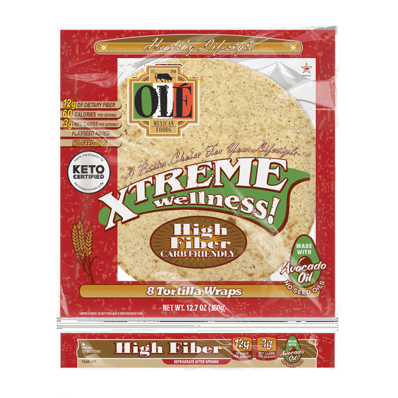 Olé Xtreme Wellness® High Fiber | 8" Size Flour Tortillas |Carb Friendly |Keto Certified | 12.7 oz.| 8 Count (Pack of 4)