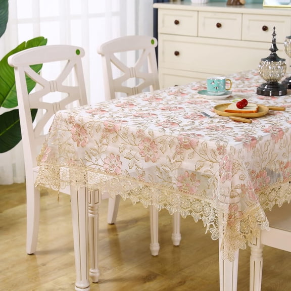Lace Table Cloth Floral Embroidered Decor Macrame Crochet Vintage Tablecloth Shabby Chic Table Cover for Dining Kitchen Summer Outdoor Holiday (Pink-Gold, Rectangle/Oblong 60 in x 120 in)