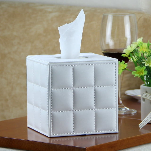 Nvzi Funda de cuero cuadrada para caja de pañuelos - Elegante soporte para caja de pañuelos en forma de cubo, caja de pañuelos decorativa de PU para tocador,mesa, encimera, color blanco