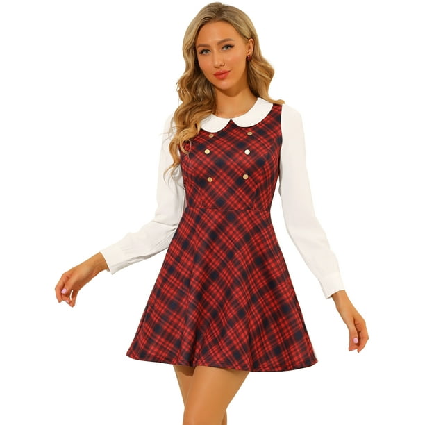 Vestido A Cuadros Con Botones De Color En Contraste Y Cuello De Muñeca Para Mujer Rojo M