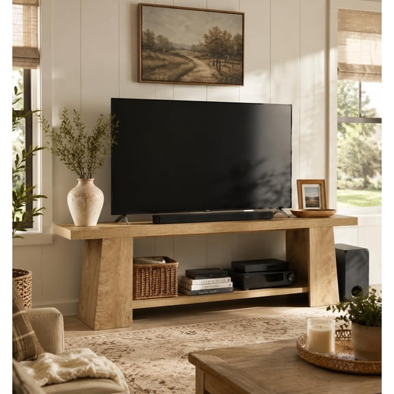 Finmind 59" Farmhouse TV Stand for TVs up to 75", Entertainment Center with Open Storage Shelf