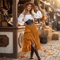 thumbnail image 5 of Womens Off Shoulder Renaissance Dress Bell Sleeves Vintage Medieval Peasant Long Dresses Halloween Pirate Costume(OrangeL), 5 of 6