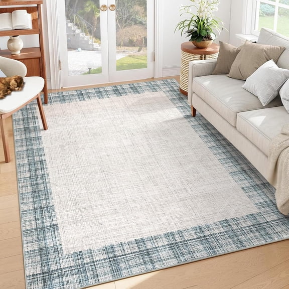 Modern Plaid Area Rug 9x12 Washable Faux Wool Carpet Low Pile Non Slip Stain Resistant Indoor Floor Rug for Living Room Bedroom Dining Room,Light blue