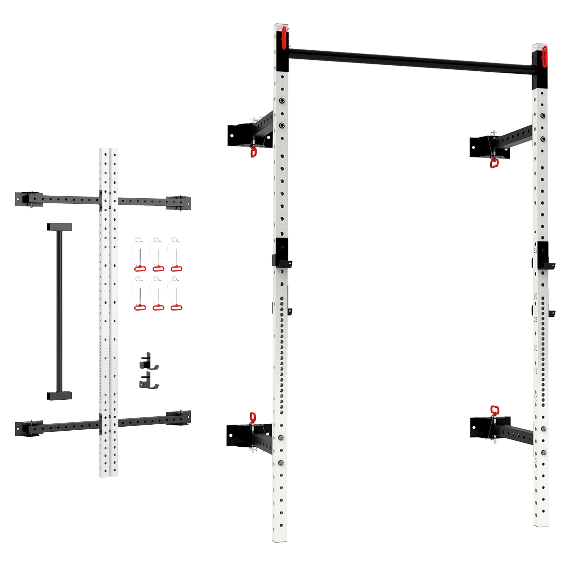 Soozier Folding Squat Rack with Pull Up Bar, Wall Mounted, 1000 Pounds Capacity Power Rack, White