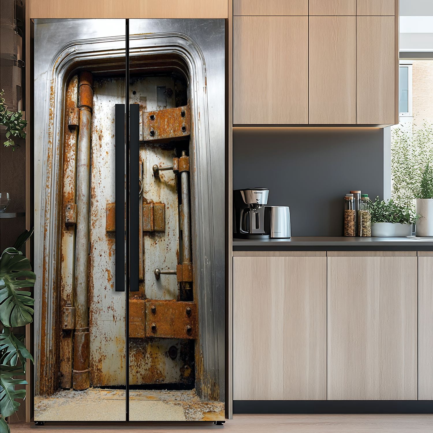 Self Adhesive Vinyl Refrigerator Wrap Set Old vault Door Mural Removable Fridge Sticker Peel and Stick&nbsp;Full Door Cover Decal Kitchen Bar Decor