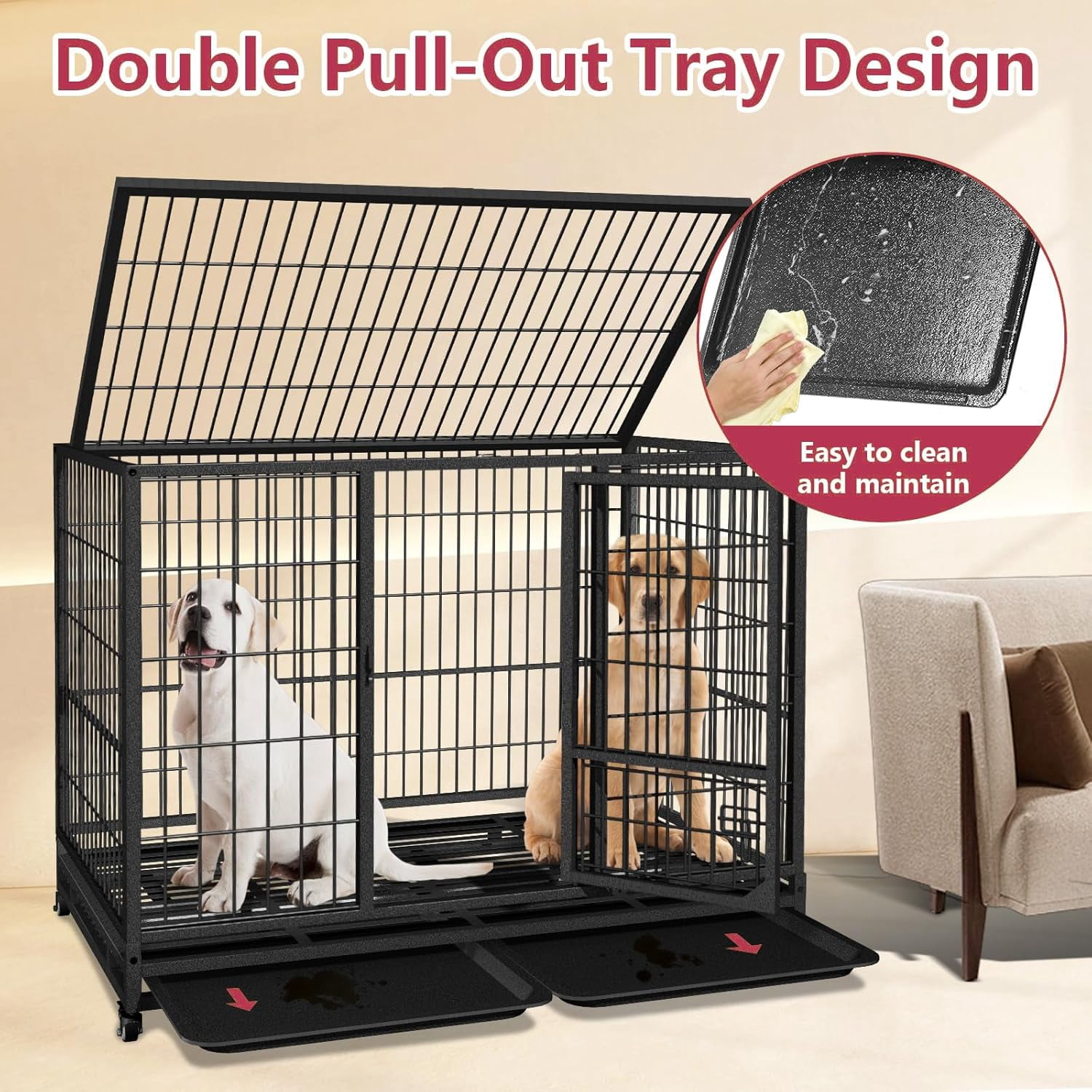 Jhsomdr 42 inch Heavy Duty Dog Crate with Wheels, Indestructible Dog Crate for High Anxiety, Escape Proof Dog Cage Large Dog Kennel with Double Door & Removable Tray
