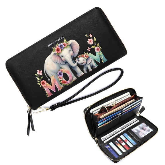 GEEAD Wallet with Zipper Pockets for Women Women Wallet With Credit Card Holder MOM Floral Crowns Elephants Romantic Gift for Wife & Girlfriend Includes Wrist Strap
