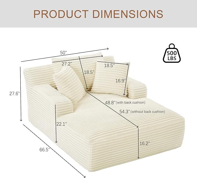 GNIXUU 50" Oversized Chaise Lounge Sofa Chair Indoor, Modern Corduroy Sleeper Sofa Cloud Couch with 3 Soft Pillows, Comfy Single Seat Floor Sofa for Living Room, Apartment, Office (White)