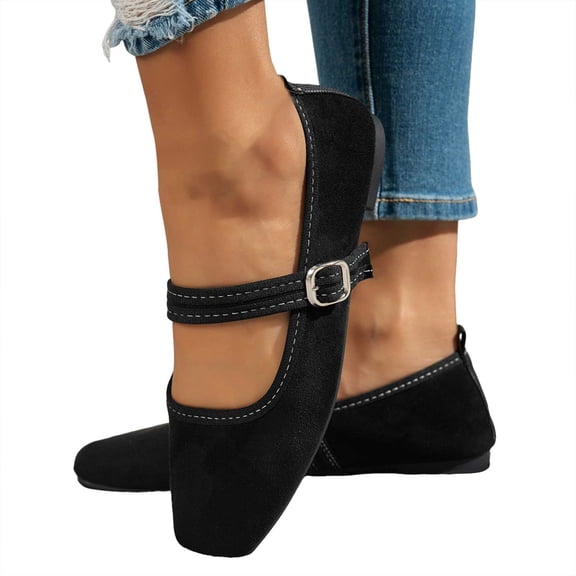Rokment Women's Ballet Flat Dress Shoes Fall Stylish Casual Comfortable Ankle Strap Low Heels Walking Loafers for Casual Dressy Black Size 6.5
