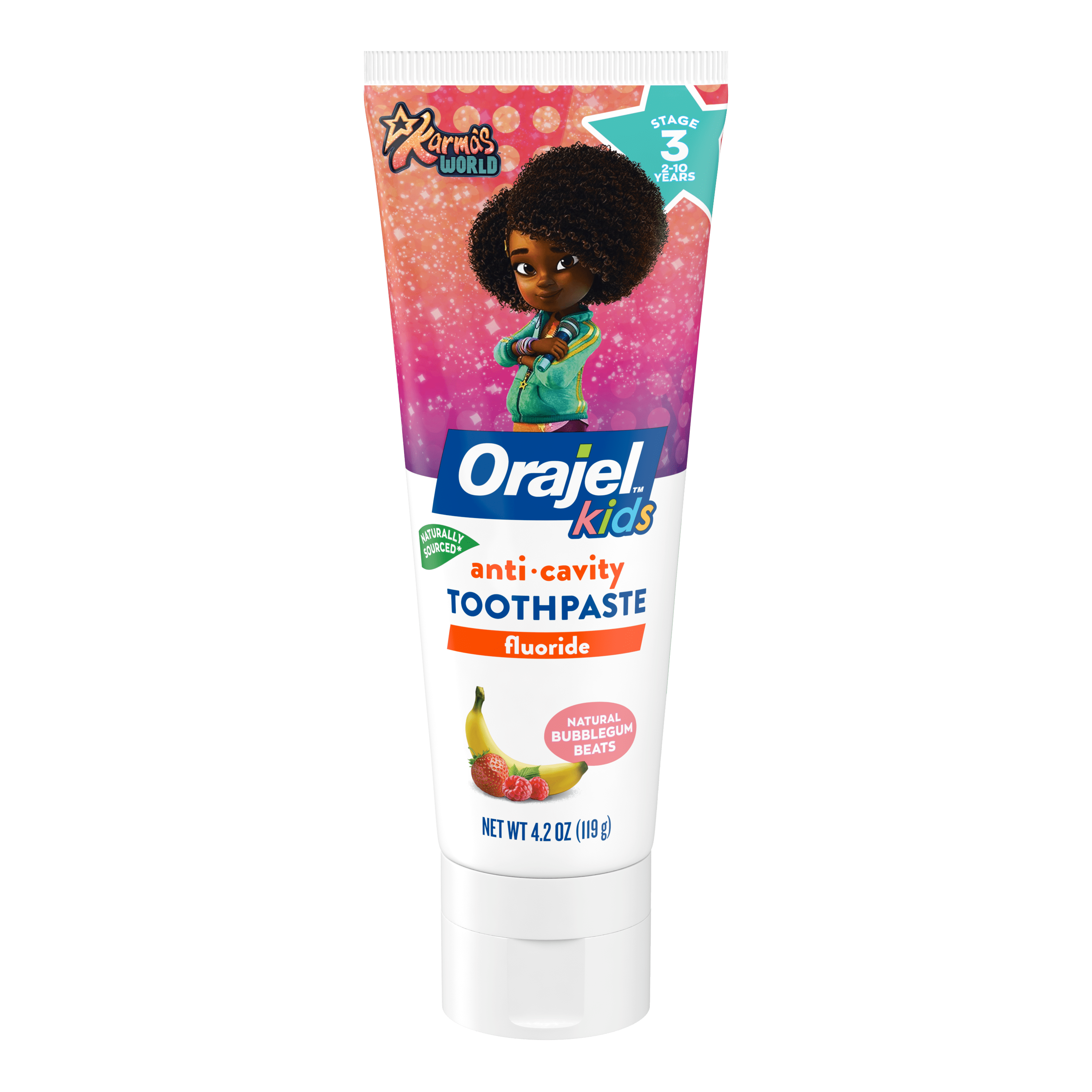 Orajel Kids Karmas World Anti-Cavity Fluoride Toothpaste, Natural Bubblegum Beats, 4.2oz Tube